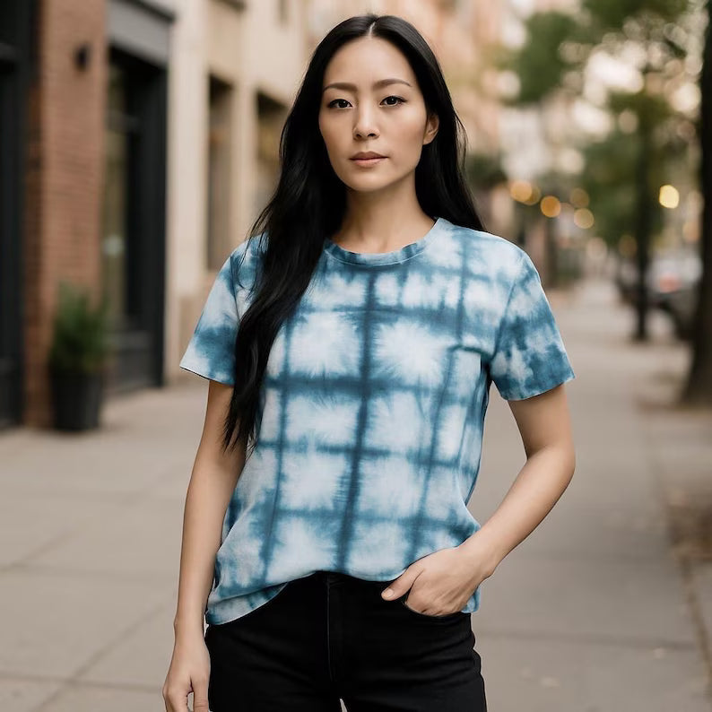 Indigo Shibori Tie-Dyed T-Shirt - Authentic Japanese Artisan Pattern Cotton Tee