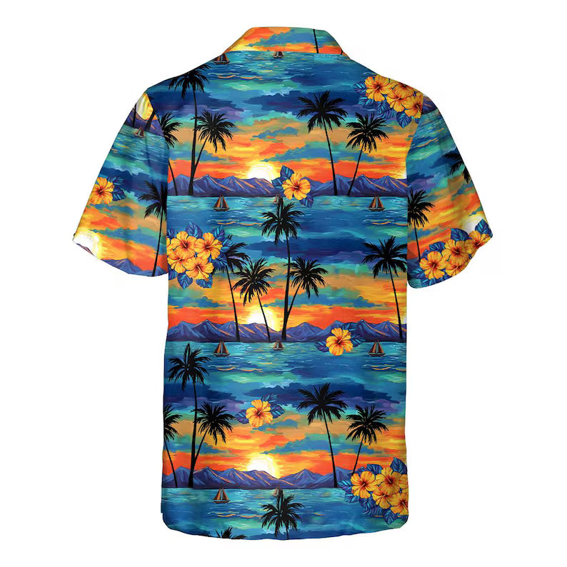 Hawaiian Shirt with Pocket for Men & Women - Tropical Sunset Aloha Button-Down Beach Vacation Top