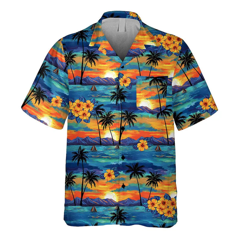 Hawaiian Shirt with Pocket for Men & Women - Tropical Sunset Aloha Button-Down Beach Vacation Top