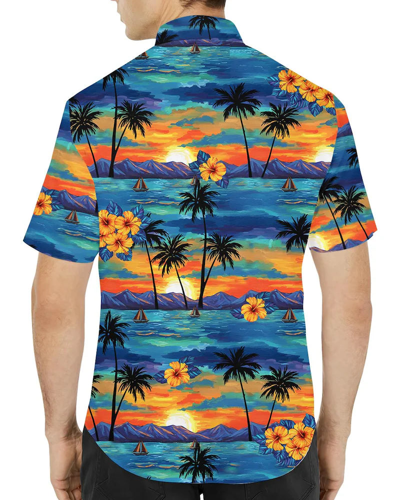Hawaiian Shirt with Pocket for Men & Women - Tropical Sunset Aloha Button-Down Beach Vacation Top