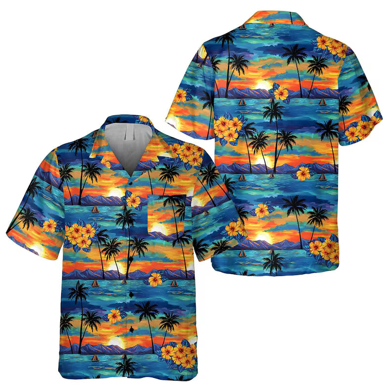 Hawaiian Shirt with Pocket for Men & Women - Tropical Sunset Aloha Button-Down Beach Vacation Top