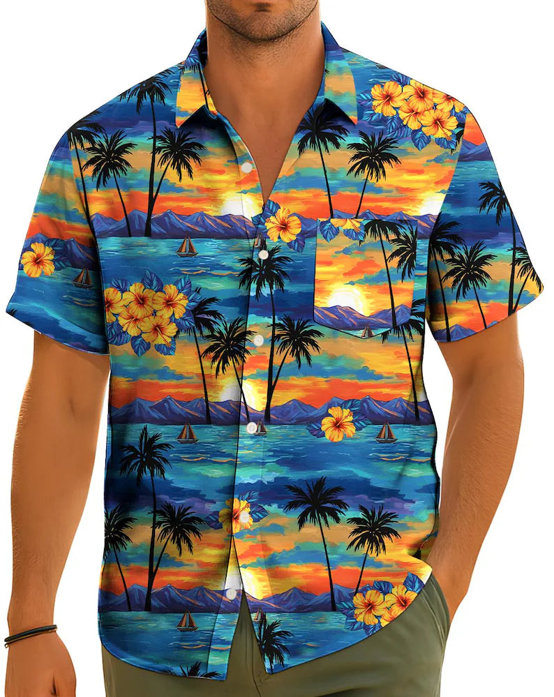 Hawaiian Shirt with Pocket for Men & Women - Tropical Sunset Aloha Button-Down Beach Vacation Top