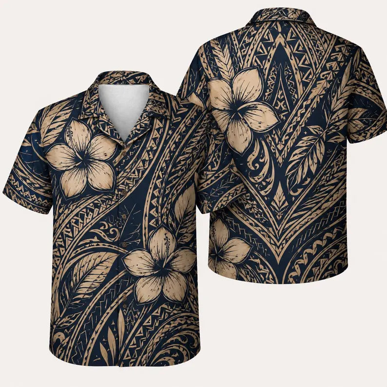 Tribal Plumeria Hawaiian Shirt - Men's Tropical Polynesian Button Up Shirt