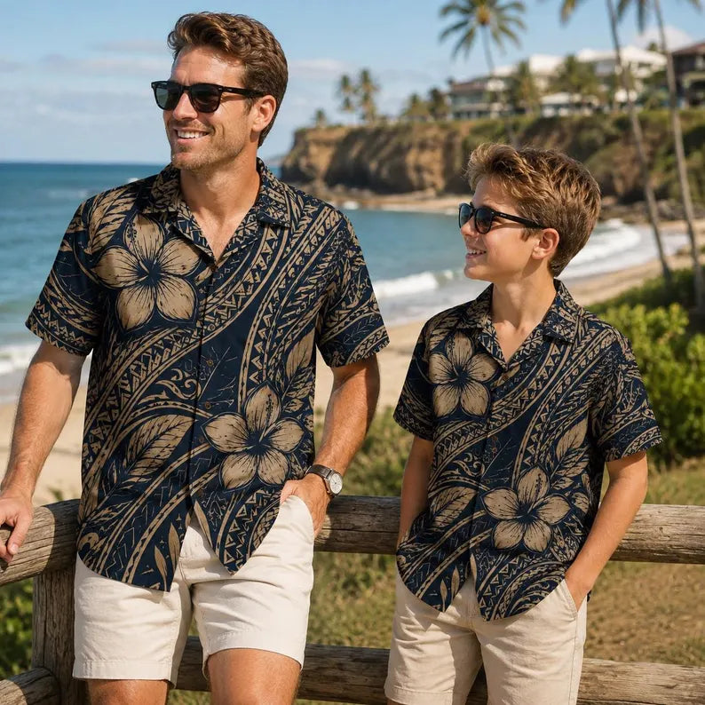 Tribal Plumeria Hawaiian Shirt - Men's Tropical Polynesian Button Up Shirt
