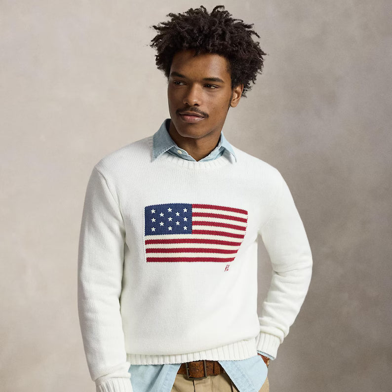 Ralph Lauren American Flag Knit Sweater - Vintage Crewneck Jumper & Classic Americana Cotton Top