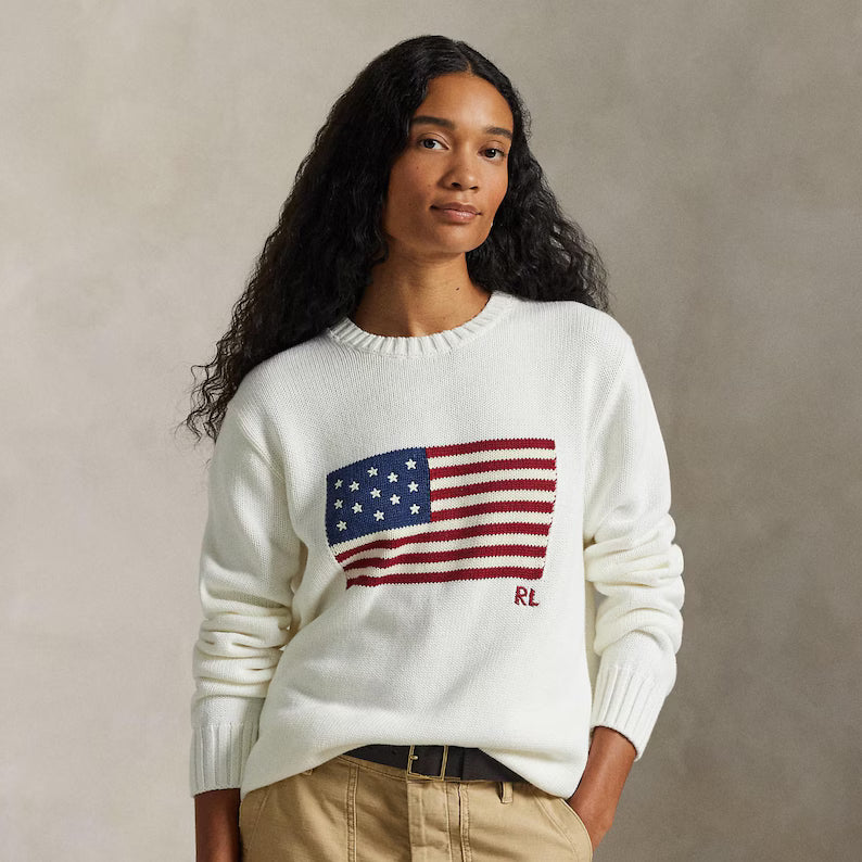 Ralph Lauren American Flag Knit Sweater - Vintage Crewneck Jumper & Classic Americana Cotton Top