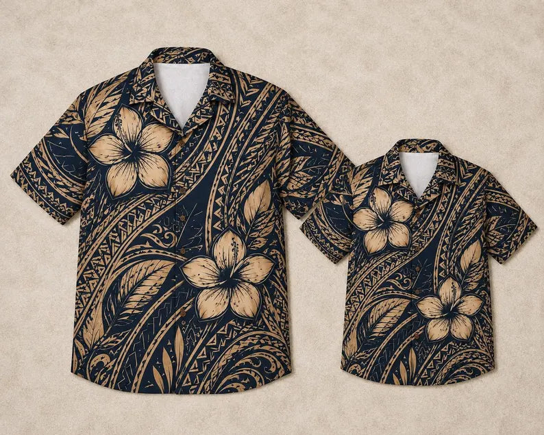 Tribal Plumeria Hawaiian Shirt - Men's Tropical Polynesian Button Up Shirt