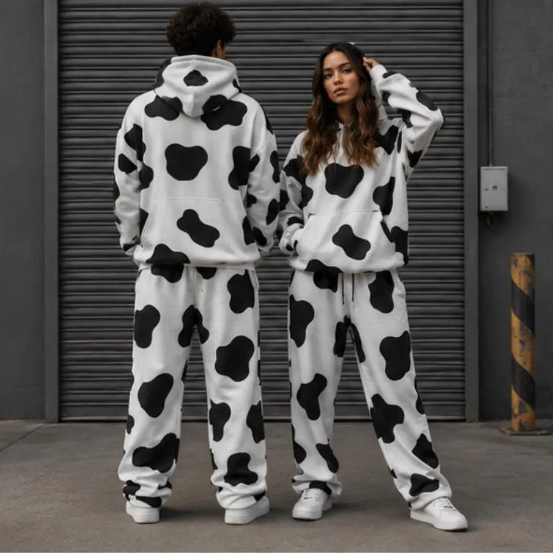 Cow Print Tracksuit - Heavyweight Fleece Matching Sweat Set & Functional Oversized Two-Piece Jogger Outfit