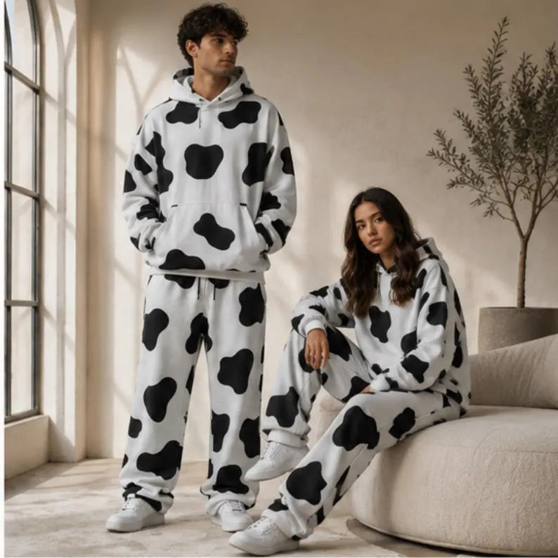 Cow Print Tracksuit - Heavyweight Fleece Matching Sweat Set & Functional Oversized Two-Piece Jogger Outfit