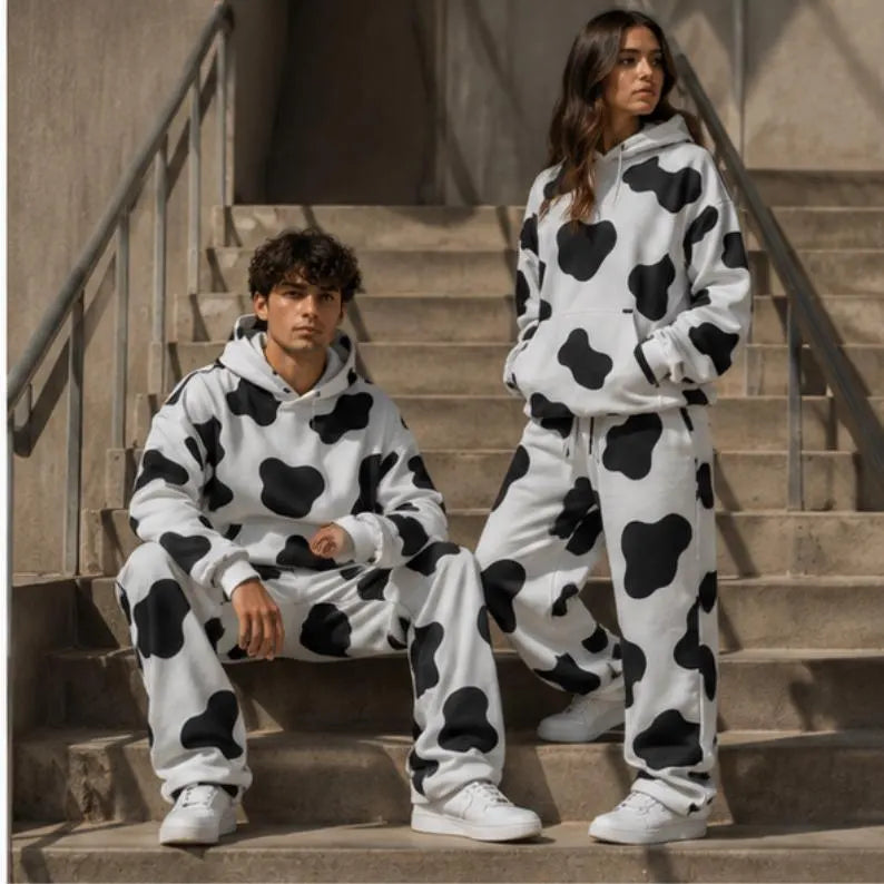 Cow Print Tracksuit - Heavyweight Fleece Matching Sweat Set & Functional Oversized Two-Piece Jogger Outfit